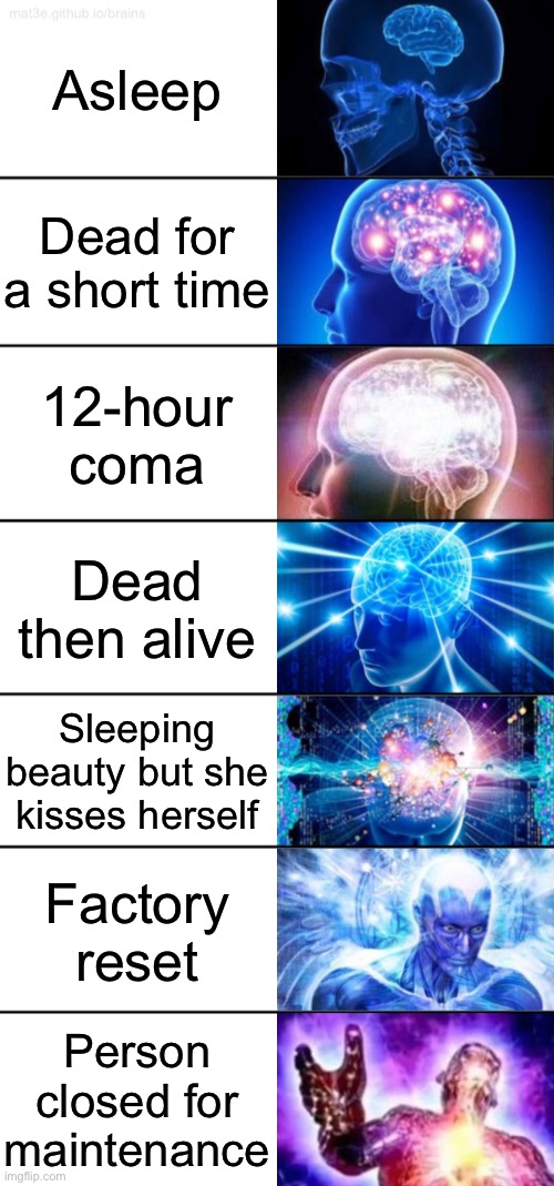 7-Tier Expanding Brain | Asleep Dead for a short time 12-hour coma Dead then alive Sleeping beauty but she kisses herself Factory reset Person closed for maintenance | image tagged in 7-tier expanding brain | made w/ Imgflip meme maker