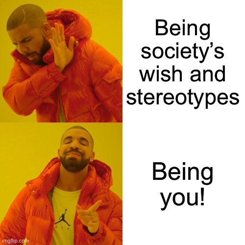 :) | Being society’s wish and stereotypes; Being you! | image tagged in memes,drake hotline bling | made w/ Imgflip meme maker