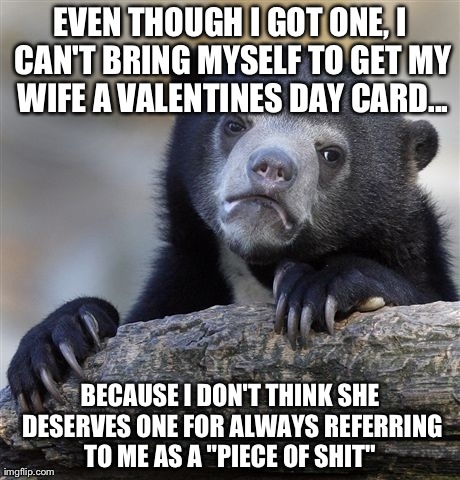 Confession Bear Meme | EVEN THOUGH I GOT ONE, I CAN'T BRING MYSELF TO GET MY WIFE A VALENTINES DAY CARD... BECAUSE I DON'T THINK SHE DESERVES ONE FOR ALWAYS REFERR | image tagged in memes,confession bear,AdviceAnimals | made w/ Imgflip meme maker