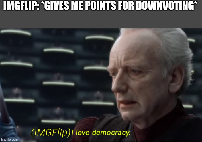 I love democracy | IMGFLIP: *GIVES ME POINTS FOR DOWNVOTING*; (IMGFlip) | image tagged in i love democracy | made w/ Imgflip meme maker
