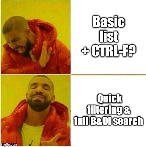 Drake Hotline approves | Basic list + CTRL-F? Quick filtering & full B&OI search | image tagged in drake hotline approves | made w/ Imgflip meme maker