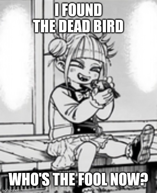 It's a joke | I FOUND THE DEAD BIRD; WHO'S THE FOOL NOW? | image tagged in dark humor,anime | made w/ Imgflip meme maker