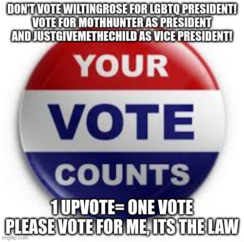 Please vote for me, its the law | DON'T VOTE WILTINGROSE FOR LGBTQ PRESIDENT!
VOTE FOR MOTHHUNTER AS PRESIDENT AND JUSTGIVEMETHECHILD AS VICE PRESIDENT! 1 UPVOTE= ONE VOTE
PLEASE VOTE FOR ME, ITS THE LAW | image tagged in vote,gay | made w/ Imgflip meme maker