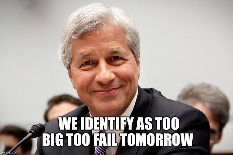 condescending banker | WE IDENTIFY AS TOO BIG TOO FAIL TOMORROW | image tagged in condescending banker | made w/ Imgflip meme maker