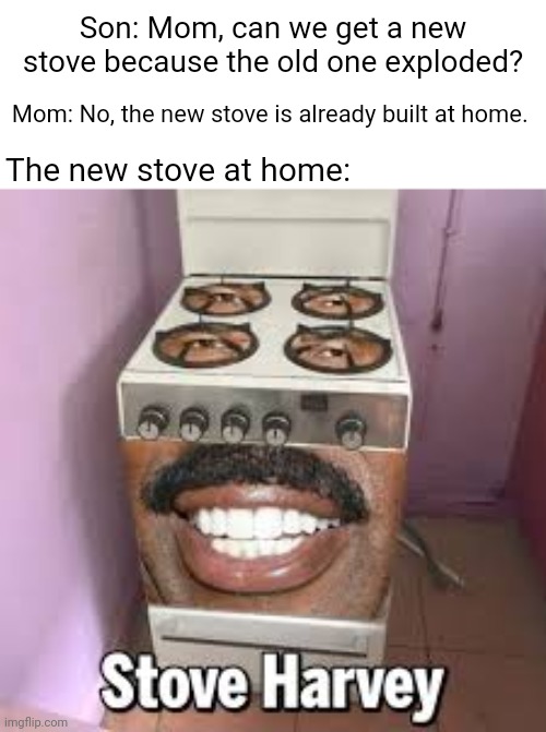 Stove Harvey |  Son: Mom, can we get a new stove because the old one exploded? Mom: No, the new stove is already built at home. The new stove at home: | image tagged in blank white template,funny,memes,stove,stove harvey,steve harvey | made w/ Imgflip meme maker