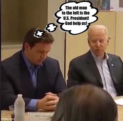 Ron DeSantis — I wholeheartedly agree! | The old man
to the left is the 
U.S. President!
God help us! | image tagged in joe biden,biden,democrat party,hurricane,dementia,governor | made w/ Imgflip meme maker