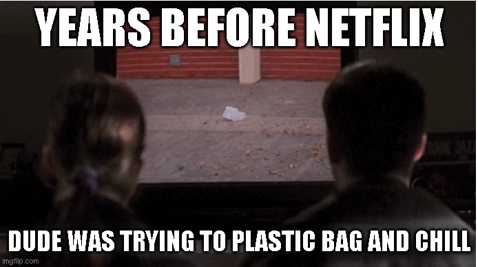 YEARS BEFORE NETFLIX; DUDE WAS TRYING TO PLASTIC BAG AND CHILL | image tagged in funny | made w/ Imgflip meme maker