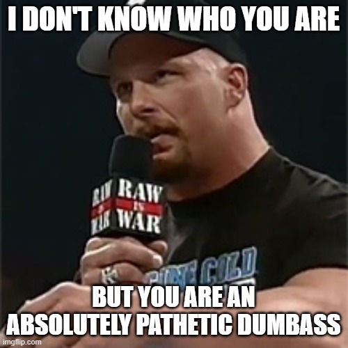 Stone cold  | I DON'T KNOW WHO YOU ARE; BUT YOU ARE AN ABSOLUTELY PATHETIC DUMBASS | image tagged in stone cold | made w/ Imgflip meme maker
