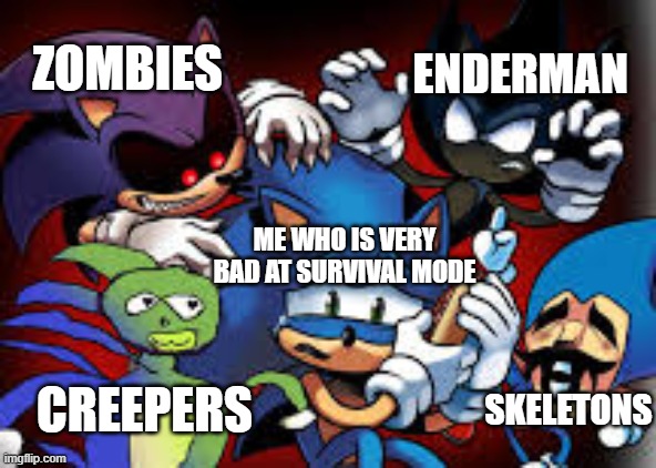 When the Mobs Overwhelm You | ENDERMAN; ZOMBIES; ME WHO IS VERY BAD AT SURVIVAL MODE; CREEPERS; SKELETONS | image tagged in scared sonic,minecraft,minecraft memes | made w/ Imgflip meme maker