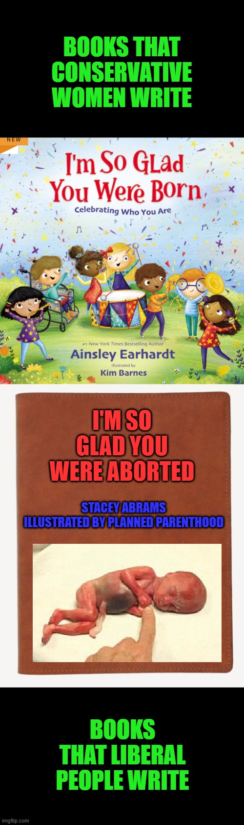 This book will sell a million in New York and California | BOOKS THAT CONSERVATIVE WOMEN WRITE; I'M SO GLAD YOU WERE ABORTED; STACEY ABRAMS
ILLUSTRATED BY PLANNED PARENTHOOD; BOOKS THAT LIBERAL PEOPLE WRITE | image tagged in blank book cover,abortion | made w/ Imgflip meme maker