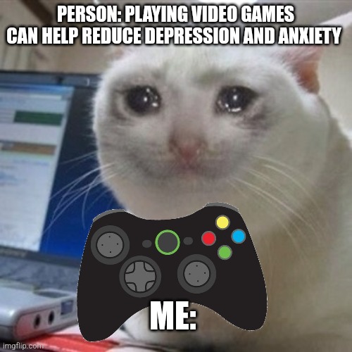I looked it up it's true | PERSON: PLAYING VIDEO GAMES CAN HELP REDUCE DEPRESSION AND ANXIETY; ME: | image tagged in crying cat | made w/ Imgflip meme maker