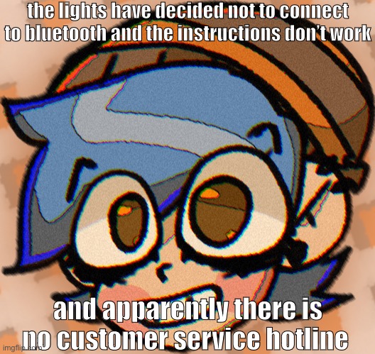 cooper’s Not A Picrew | the lights have decided not to connect to bluetooth and the instructions don’t work; and apparently there is no customer service hotline | image tagged in cooper s not a picrew | made w/ Imgflip meme maker