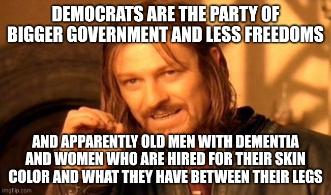 They don't have any answers for anything. They fix nothing and blame others for their failures. It's planned. | DEMOCRATS ARE THE PARTY OF BIGGER GOVERNMENT AND LESS FREEDOMS; AND APPARENTLY OLD MEN WITH DEMENTIA AND WOMEN WHO ARE HIRED FOR THEIR SKIN COLOR AND WHAT THEY HAVE BETWEEN THEIR LEGS | image tagged in memes,one does not simply | made w/ Imgflip meme maker