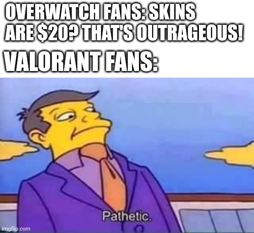 Cost an arm and a leg | OVERWATCH FANS: SKINS ARE $20? THAT'S OUTRAGEOUS! VALORANT FANS: | image tagged in skinner pathetic,overwatch | made w/ Imgflip meme maker