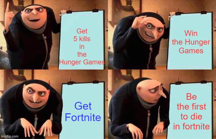 Gru's Plan Meme | Get 5 kills in the Hunger Games Win the Hunger Games Get Fortnite Be the first to die in fortnite | image tagged in memes,gru's plan | made w/ Imgflip meme maker