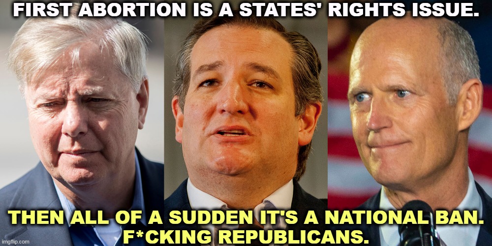 This is a loser issue and they'll regret it. America is pro-choice. | FIRST ABORTION IS A STATES' RIGHTS ISSUE. THEN ALL OF A SUDDEN IT'S A NATIONAL BAN.
F*CKING REPUBLICANS. | image tagged in republican,hypocrisy,liars,losers | made w/ Imgflip meme maker