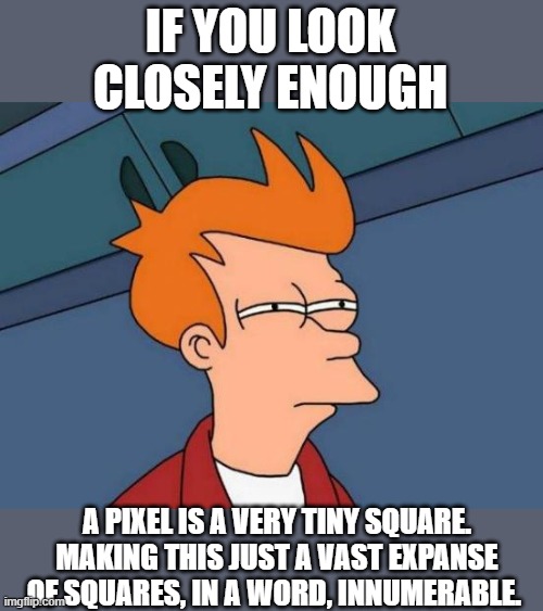 Futurama Fry Meme | IF YOU LOOK CLOSELY ENOUGH A PIXEL IS A VERY TINY SQUARE.
MAKING THIS JUST A VAST EXPANSE OF SQUARES, IN A WORD, INNUMERABLE. | image tagged in memes,futurama fry | made w/ Imgflip meme maker