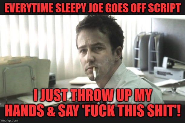 fight club office | EVERYTIME SLEEPY JOE GOES OFF SCRIPT I JUST THROW UP MY HANDS & SAY 'FUCK THIS SHIT'! | image tagged in fight club office | made w/ Imgflip meme maker