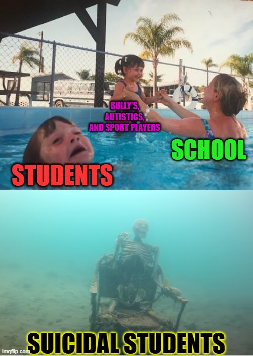 Swimming Pool Kids | BULLY'S, AUTISTICS, AND SPORT PLAYERS; SCHOOL; STUDENTS; SUICIDAL STUDENTS | image tagged in swimming pool kids | made w/ Imgflip meme maker