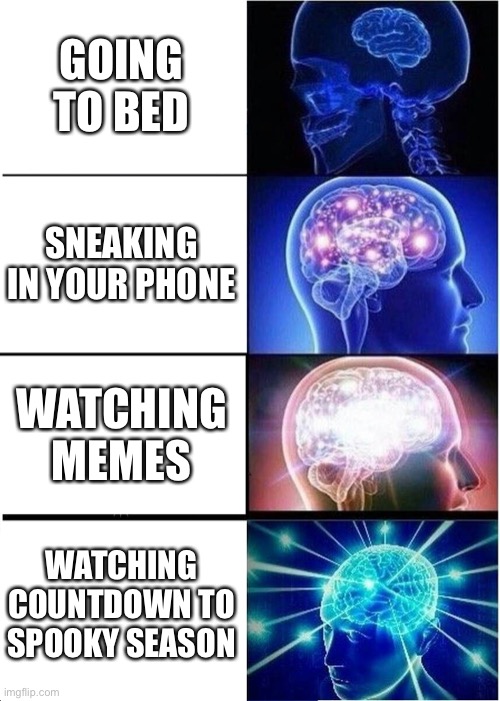 Expanding Brain Meme | GOING TO BED; SNEAKING IN YOUR PHONE; WATCHING MEMES; WATCHING COUNTDOWN TO SPOOKY SEASON | image tagged in memes,expanding brain | made w/ Imgflip meme maker