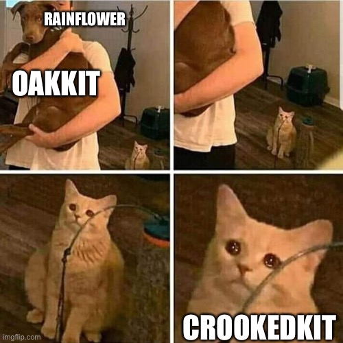 I just wanna give Crookedstar a hug :( | RAINFLOWER; OAKKIT; CROOKEDKIT | image tagged in sad cat holding dog | made w/ Imgflip meme maker