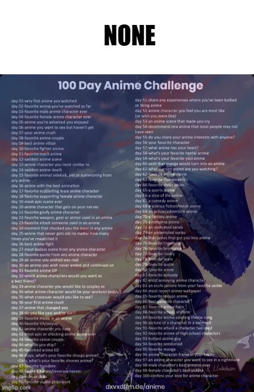 day 5 | NONE | image tagged in blank white template,100 day anime challenge | made w/ Imgflip meme maker