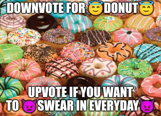 this isn't a up beg. | DOWNVOTE FOR 😇DONUT😇; UPVOTE IF YOU WANT TO 👿SWEAR IN EVERYDAY👿 | image tagged in donuts | made w/ Imgflip meme maker