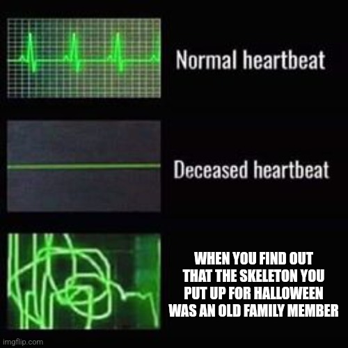 GRANDPA IS THAT YOU | WHEN YOU FIND OUT THAT THE SKELETON YOU PUT UP FOR HALLOWEEN WAS AN OLD FAMILY MEMBER | image tagged in heartbeat rate | made w/ Imgflip meme maker