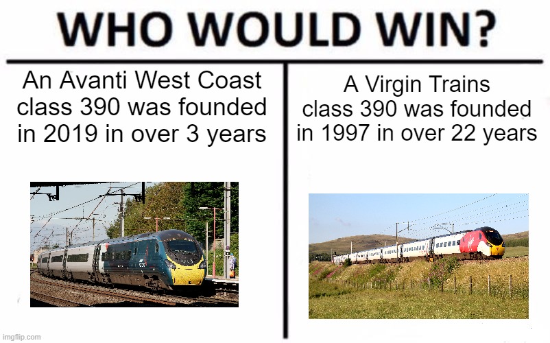 Which one are we get it in the West Coast Main Line from class 390? | An Avanti West Coast class 390 was founded in 2019 in over 3 years; A Virgin Trains class 390 was founded in 1997 in over 22 years | image tagged in memes,who would win | made w/ Imgflip meme maker