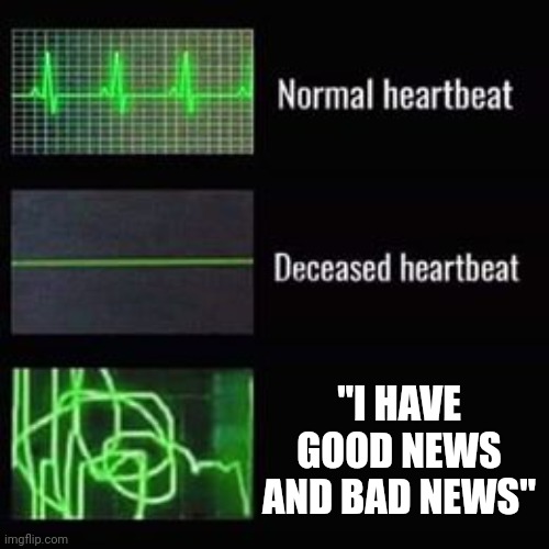 Heartbeat | "I HAVE GOOD NEWS AND BAD NEWS" | image tagged in heartbeat rate,good news everyone,news,bad news,memes | made w/ Imgflip meme maker
