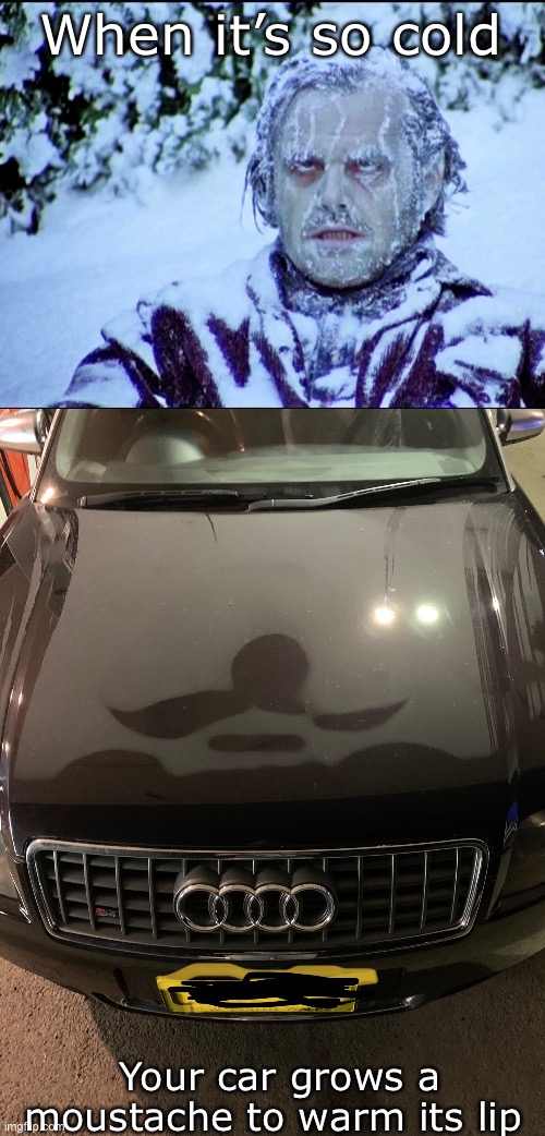 Moustache you a question | When it’s so cold; Your car grows a moustache to warm its lip | image tagged in frozen jack,car,moustache,cold,flip | made w/ Imgflip meme maker