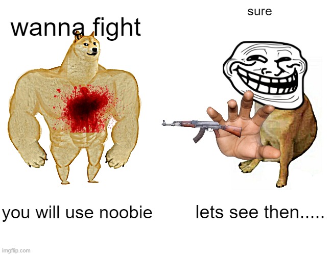 wanna fight sure you will use noobie lets see then..... | image tagged in memes,buff doge vs cheems | made w/ Imgflip meme maker