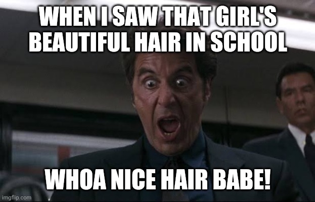 She's got a great hair! | WHEN I SAW THAT GIRL'S BEAUTIFUL HAIR IN SCHOOL; WHOA NICE HAIR BABE! | image tagged in al pacino,heat,hair,girl,school | made w/ Imgflip meme maker