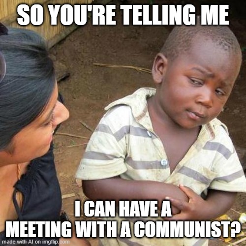 Third World Skeptical Kid | SO YOU'RE TELLING ME; I CAN HAVE A MEETING WITH A COMMUNIST? | image tagged in memes,third world skeptical kid | made w/ Imgflip meme maker
