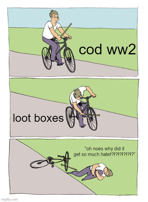 why? | cod ww2; loot boxes; "oh noes why did it get so much hate!?!?!?!?!?!?" | image tagged in memes,bike fall | made w/ Imgflip meme maker