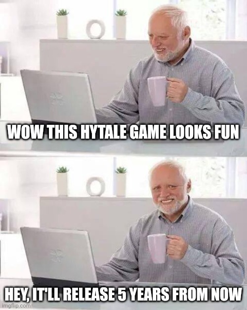 Hytale in FIVE YEARS WOW! | WOW THIS HYTALE GAME LOOKS FUN; HEY, IT'LL RELEASE 5 YEARS FROM NOW | image tagged in memes,hide the pain harold | made w/ Imgflip meme maker