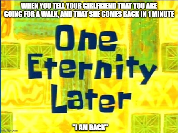 Spongebob Time Later | WHEN YOU TELL YOUR GIRLFRIEND THAT YOU ARE GOING FOR A WALK, AND THAT SHE COMES BACK IN 1 MINUTE; "I AM BACK" | image tagged in spongebob time later | made w/ Imgflip meme maker