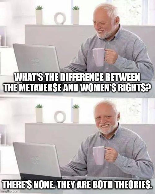 Offensive joke. | WHAT'S THE DIFFERENCE BETWEEN THE METAVERSE AND WOMEN'S RIGHTS? THERE'S NONE. THEY ARE BOTH THEORIES. | image tagged in memes,hide the pain harold | made w/ Imgflip meme maker