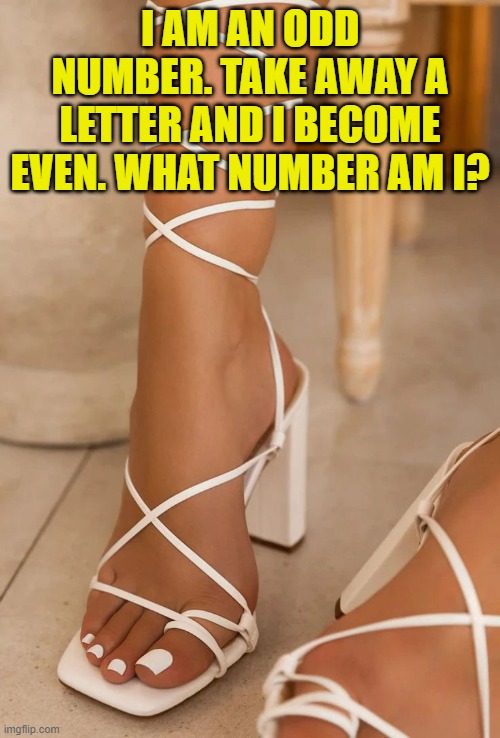 I AM AN ODD NUMBER. TAKE AWAY A LETTER AND I BECOME EVEN. WHAT NUMBER AM I? | image tagged in riddle,feet | made w/ Imgflip meme maker