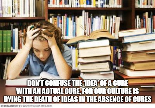 Nursing School | DON’T CONFUSE THE ‘IDEA’ OF A CURE WITH AN ACTUAL CURE, FOR OUR CULTURE IS DYING THE DEATH OF IDEAS IN THE ABSENCE OF CURES | image tagged in nursing school | made w/ Imgflip meme maker