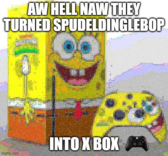SPUNCH BOP XBOX | AW HELL NAW THEY TURNED SPUDELDINGLEBOP; INTO X BOX | image tagged in spunch bop xbox | made w/ Imgflip meme maker