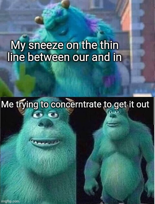 So true | My sneeze on the thin line between our and in; Me trying to concerntrate to get it out | image tagged in sully shutdown | made w/ Imgflip meme maker