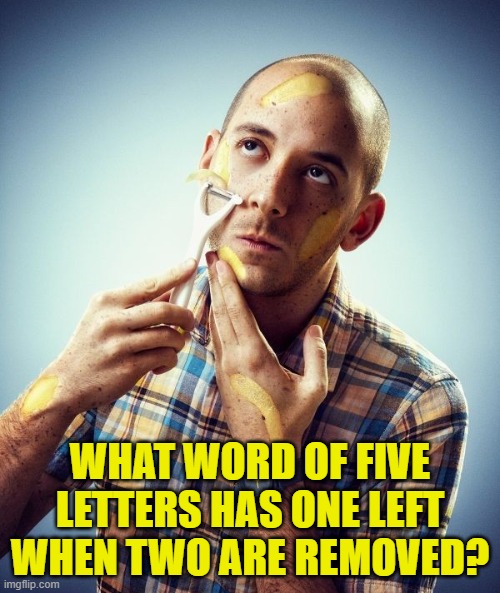 WHAT WORD OF FIVE LETTERS HAS ONE LEFT WHEN TWO ARE REMOVED? | image tagged in riddle | made w/ Imgflip meme maker
