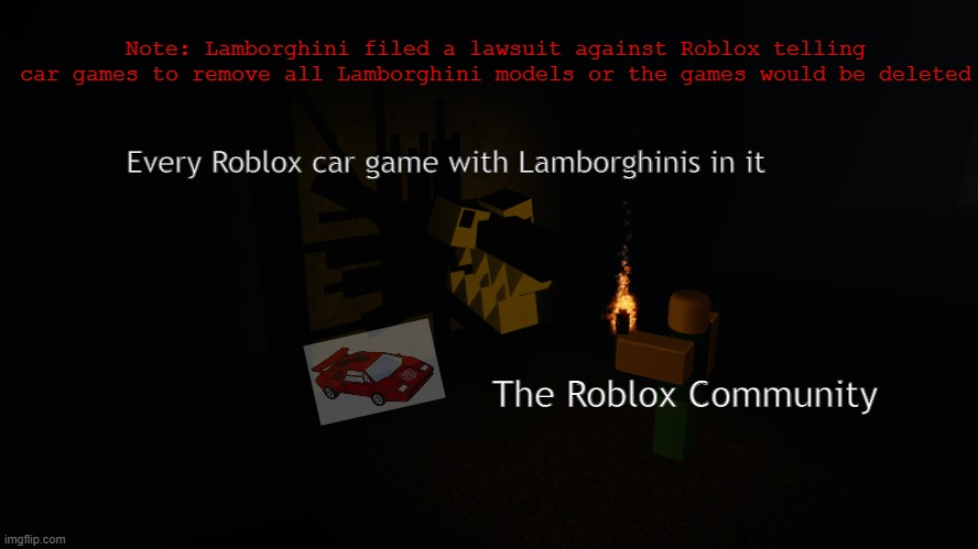 RIP Car Crushers 2 and Driving Empire | Note: Lamborghini filed a lawsuit against Roblox telling car games to remove all Lamborghini models or the games would be deleted; Every Roblox car game with Lamborghinis in it; The Roblox Community | image tagged in holy crap f is dead | made w/ Imgflip meme maker