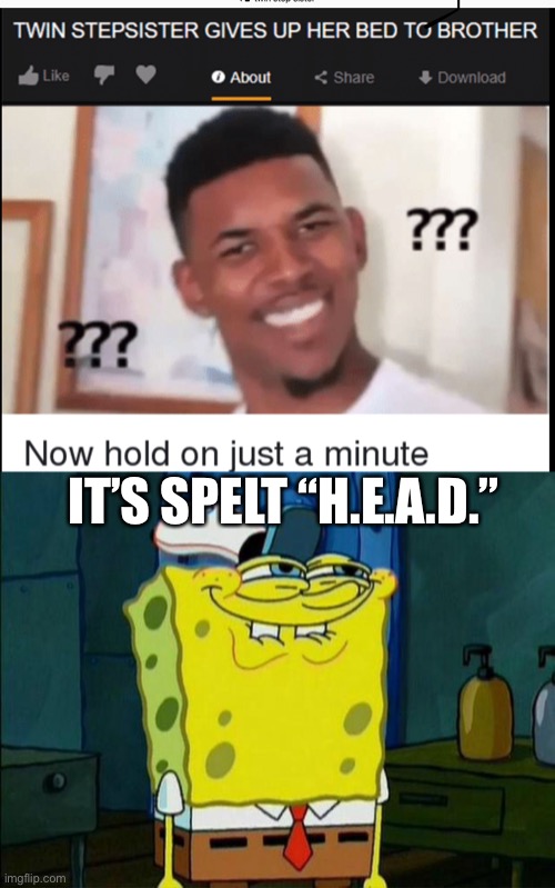Spelling | IT’S SPELT “H.E.A.D.” | image tagged in twin step sisters are a thing,don't you squidward | made w/ Imgflip meme maker