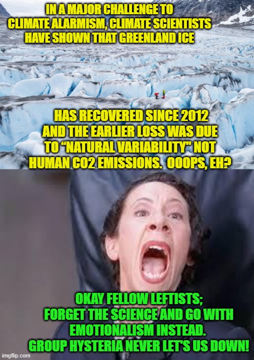 Our leftists would be clutching at straws next . . . except that they've already banned them. | IN A MAJOR CHALLENGE TO CLIMATE ALARMISM, CLIMATE SCIENTISTS HAVE SHOWN THAT GREENLAND ICE; HAS RECOVERED SINCE 2012 AND THE EARLIER LOSS WAS DUE TO “NATURAL VARIABILITY" NOT HUMAN CO2 EMISSIONS.  OOOPS, EH? OKAY FELLOW LEFTISTS; FORGET THE SCIENCE AND GO WITH EMOTIONALISM INSTEAD.  GROUP HYSTERIA NEVER LET'S US DOWN! | image tagged in climate change | made w/ Imgflip meme maker