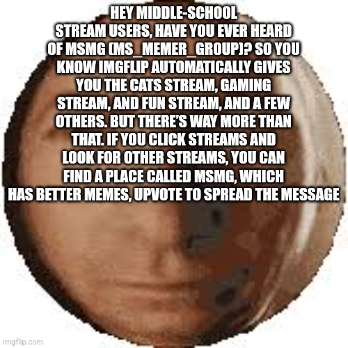 Ball goodman | HEY MIDDLE-SCHOOL STREAM USERS, HAVE YOU EVER HEARD OF MSMG (MS_MEMER_GROUP)? SO YOU KNOW IMGFLIP AUTOMATICALLY GIVES YOU THE CATS STREAM, GAMING STREAM, AND FUN STREAM, AND A FEW OTHERS. BUT THERE’S WAY MORE THAN THAT. IF YOU CLICK STREAMS AND LOOK FOR OTHER STREAMS, YOU CAN FIND A PLACE CALLED MSMG, WHICH HAS BETTER MEMES, UPVOTE TO SPREAD THE MESSAGE | image tagged in ball goodman | made w/ Imgflip meme maker