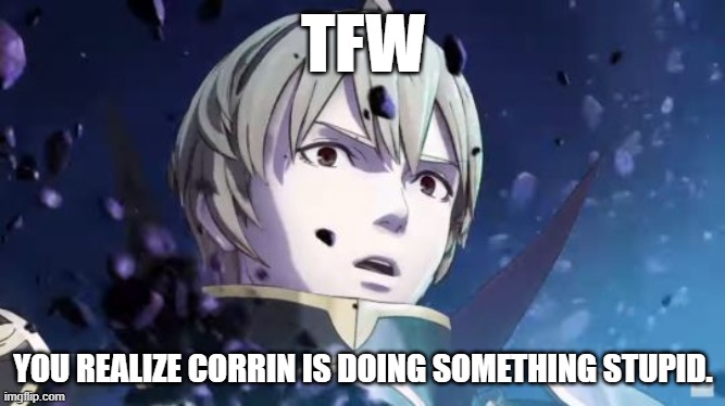 leo's face tho | TFW; YOU REALIZE CORRIN IS DOING SOMETHING STUPID. | image tagged in fire emblem leon reaction | made w/ Imgflip meme maker