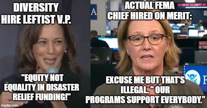 Someone forgot to tell the FEMA chief that leftist racism and bigotry IS Dem Party policy. | DIVERSITY HIRE LEFTIST V.P. ACTUAL FEMA CHIEF HIRED ON MERIT:; EXCUSE ME BUT THAT'S ILLEGAL. " OUR PROGRAMS SUPPORT EVERYBODY.”; "EQUITY NOT EQUALITY IN DISASTER RELIEF FUNDING!" | image tagged in equity versus equality | made w/ Imgflip meme maker