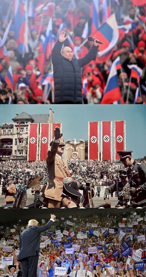 All the same picture. "Nationalism" the enemy of mankind. | image tagged in putin war crimes rally,trump rally,memes,politics,sycophant,lock him up | made w/ Imgflip meme maker